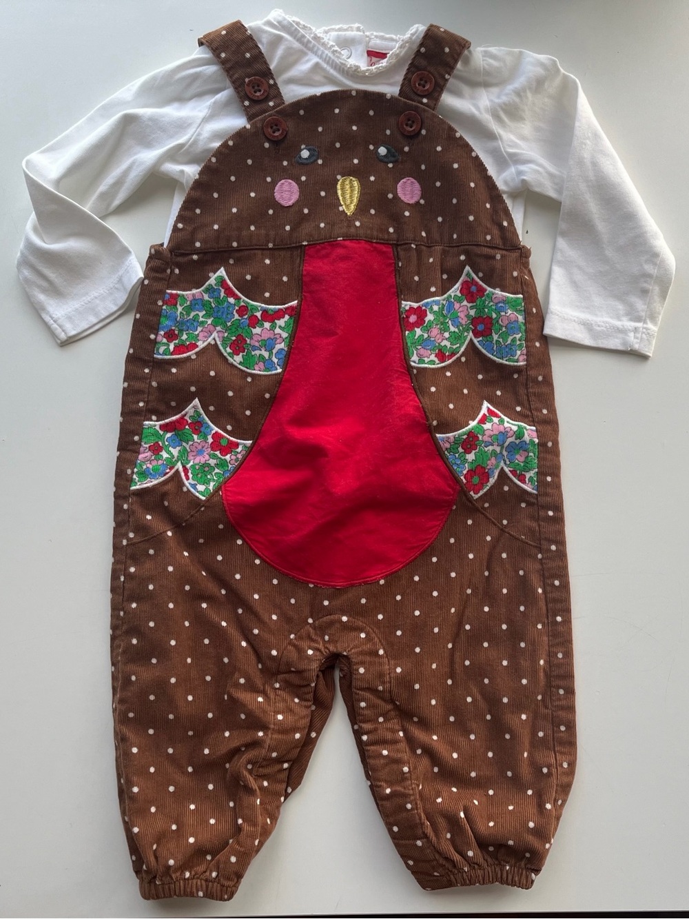 Baby Boden Brown Polka Dot Overalls with Red Bird Applique